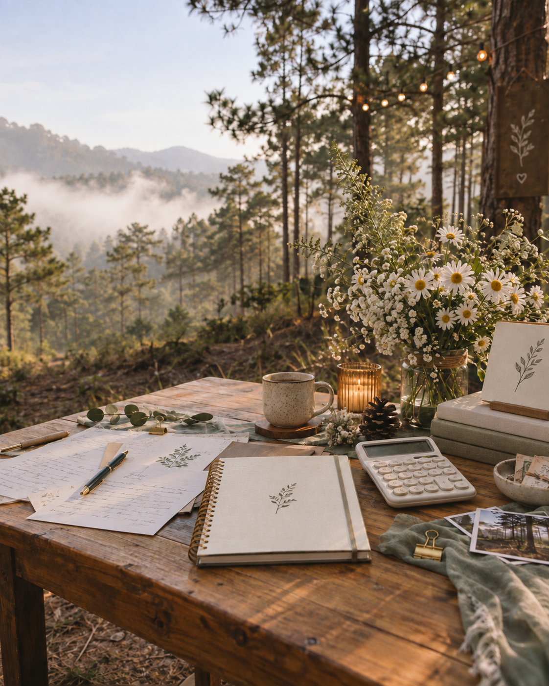 Trang trí tiệc cưới bohemian với bảng dự trù ngân sách và vật dụng lập kế hoạch cưới - The Pine Wedding Planner