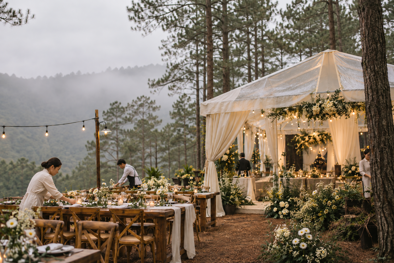 Trang trí tiệc cưới bohemian ngoài trời với phương án Plan B chủ động trước thời tiết - The Pine Wedding Planner