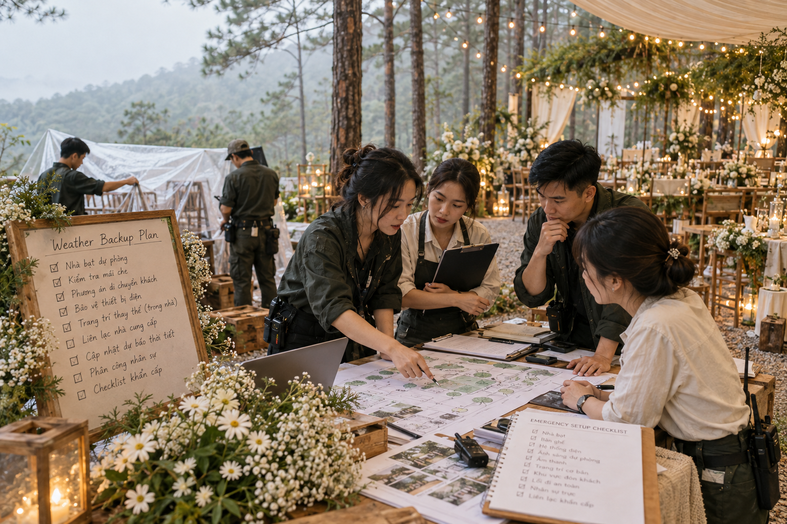 Team Điều Phối Tiệc Cưới - Kịch Bản Dự Phòng Đám Cưới Ngoài Trời Đà Lạt Khi Có Thời Tiết Thay Đổi - The Pine Wedding Planner
